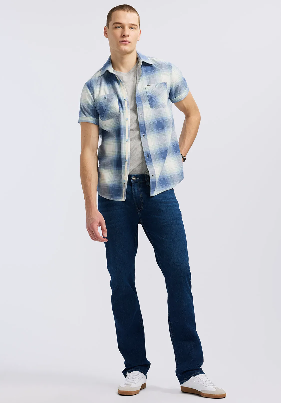 Sagrino Men's Short-Sleeve Plaid Fitted Shirt, Moonlight Blue - BM24618 sold by Buffalo David Bitton product image thumbnail 4