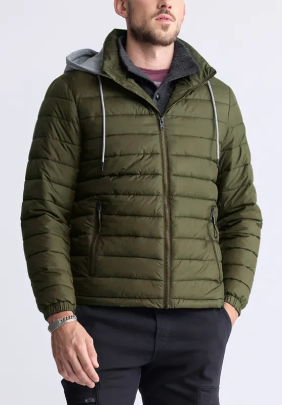 Chad Men’s Quilted Puffer Zip-Up Jacket with Contrasting Hoodie, Green - OBMOE002 sold by Buffalo David Bitton