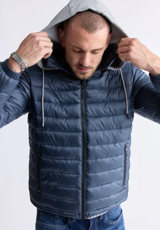 Chad Men’s Quilted Puffer Zip-Up Jacket with Contrasting Hoodie, Navy - OBMOE002 sold by Buffalo David Bitton