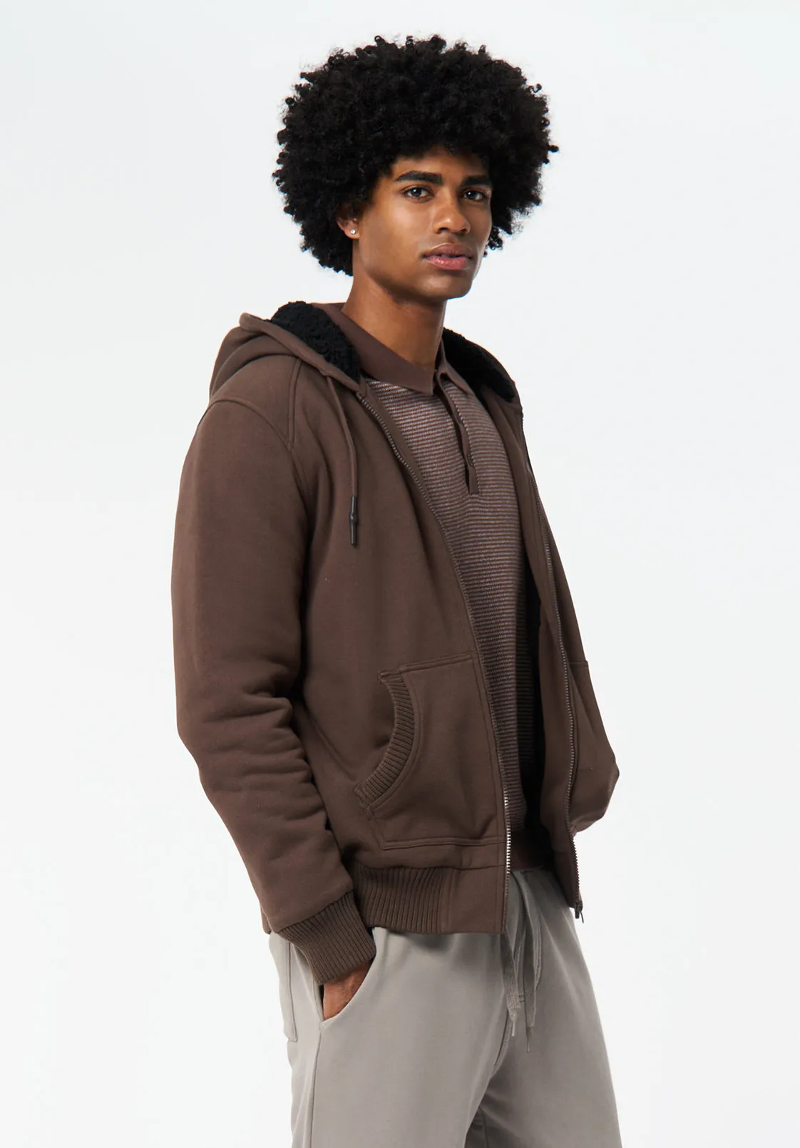 Fasox Men's Relaxed Full-Zip Hooded Jacket with Sherpa Lining, Chocolate Brown - BM24735 sold by Buffalo David Bitton product image thumbnail 2