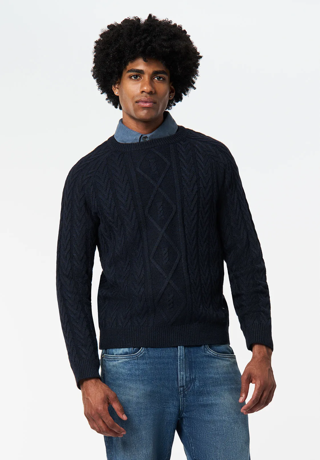 Walder Men's Relaxed Cable Knit Sweater, Whale - BM24771 sold by Buffalo David Bitton