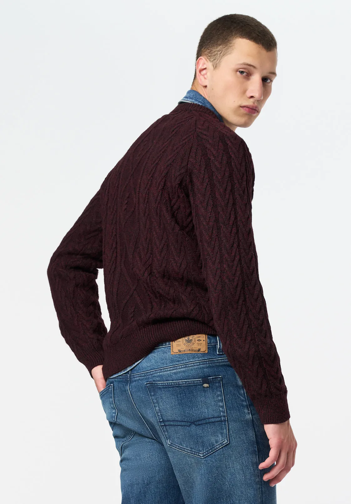 Walder Men's Relaxed Cable Knit Sweater, Maroon Banner - BM24771 sold by Buffalo David Bitton product image thumbnail 3