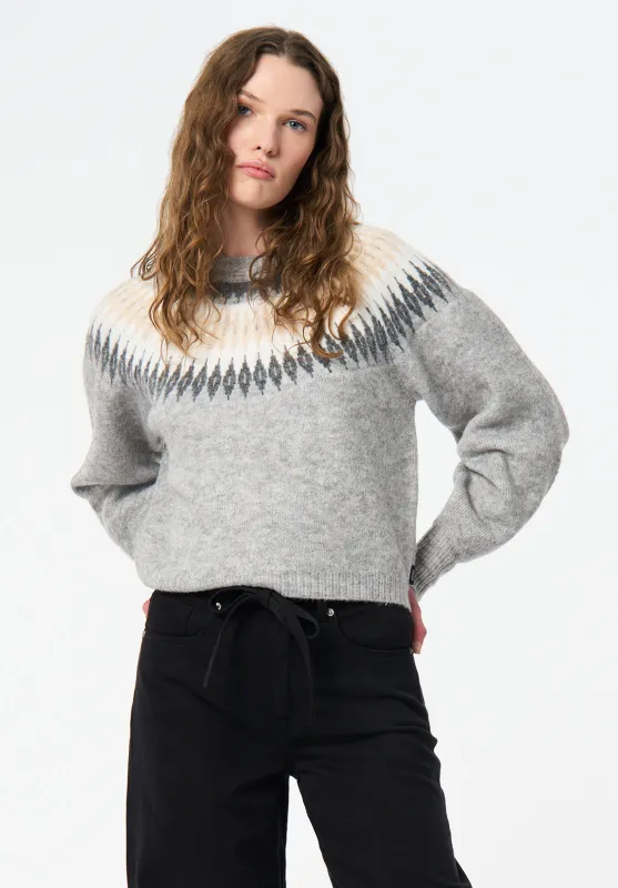 Kindra Women's Fair Isle Crew Neck Knit Sweater, Lt Hr Grey - SW0158 sold by Buffalo David Bitton