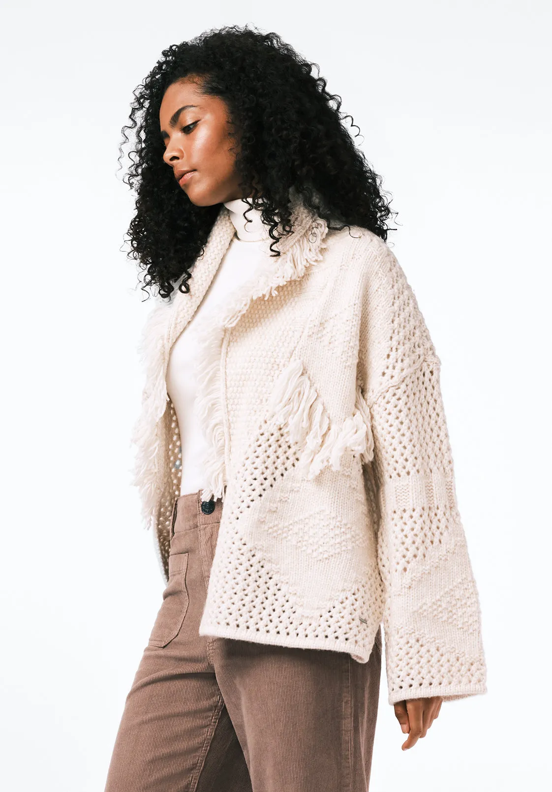 Agatha Women's Open-Front Knit Cardigan with Fringe, Oatmeal - SW0154 sold by Buffalo David Bitton product image thumbnail 2