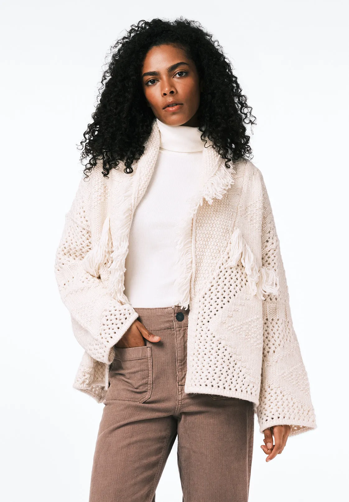 Agatha Women's Open-Front Knit Cardigan with Fringe, Oatmeal - SW0154 sold by Buffalo David Bitton