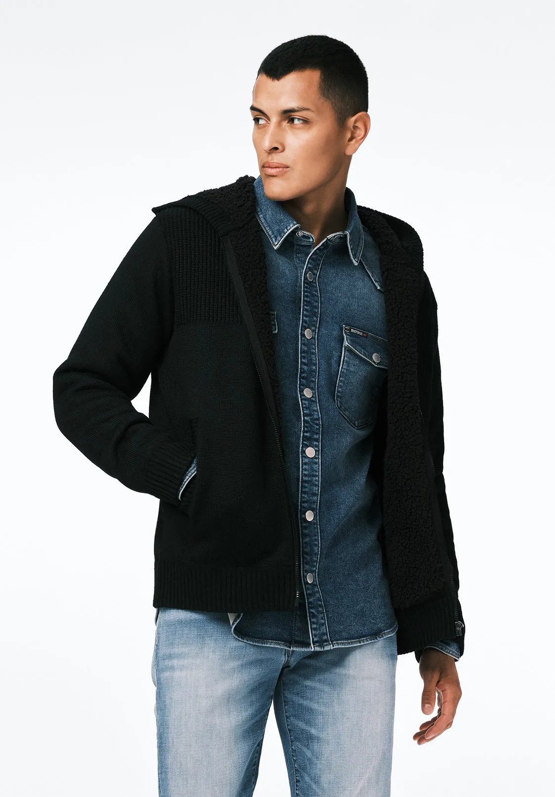 Walmick Men's Full-Zip Knit Hooded Jacket with Sherpa Lining, Black - BM24739 sold by Buffalo David Bitton