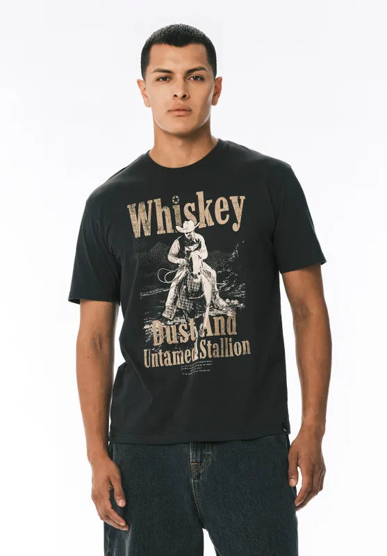Tafo Men’s Graphic T-Shirt with Whiskey Cowboy Print, Black - BM24819 made by Buffalo David Bitton