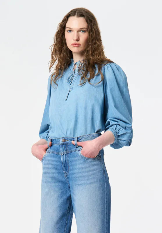 Lowen Women's Ruffled Tie-Neck Denim Blouse, True Blue - WT0212 sold by Buffalo David Bitton