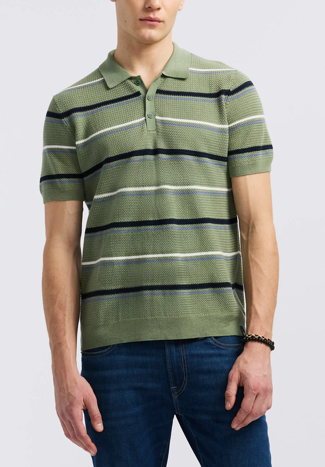 Winder Men's Short-Sleeve Striped Sweater Polo, Hedge Green - BM24622 sold by Buffalo David Bitton