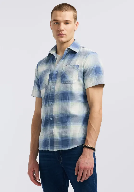 Sagrino Men's Short-Sleeve Plaid Fitted Shirt, Moonlight Blue - BM24618 sold by Buffalo David Bitton