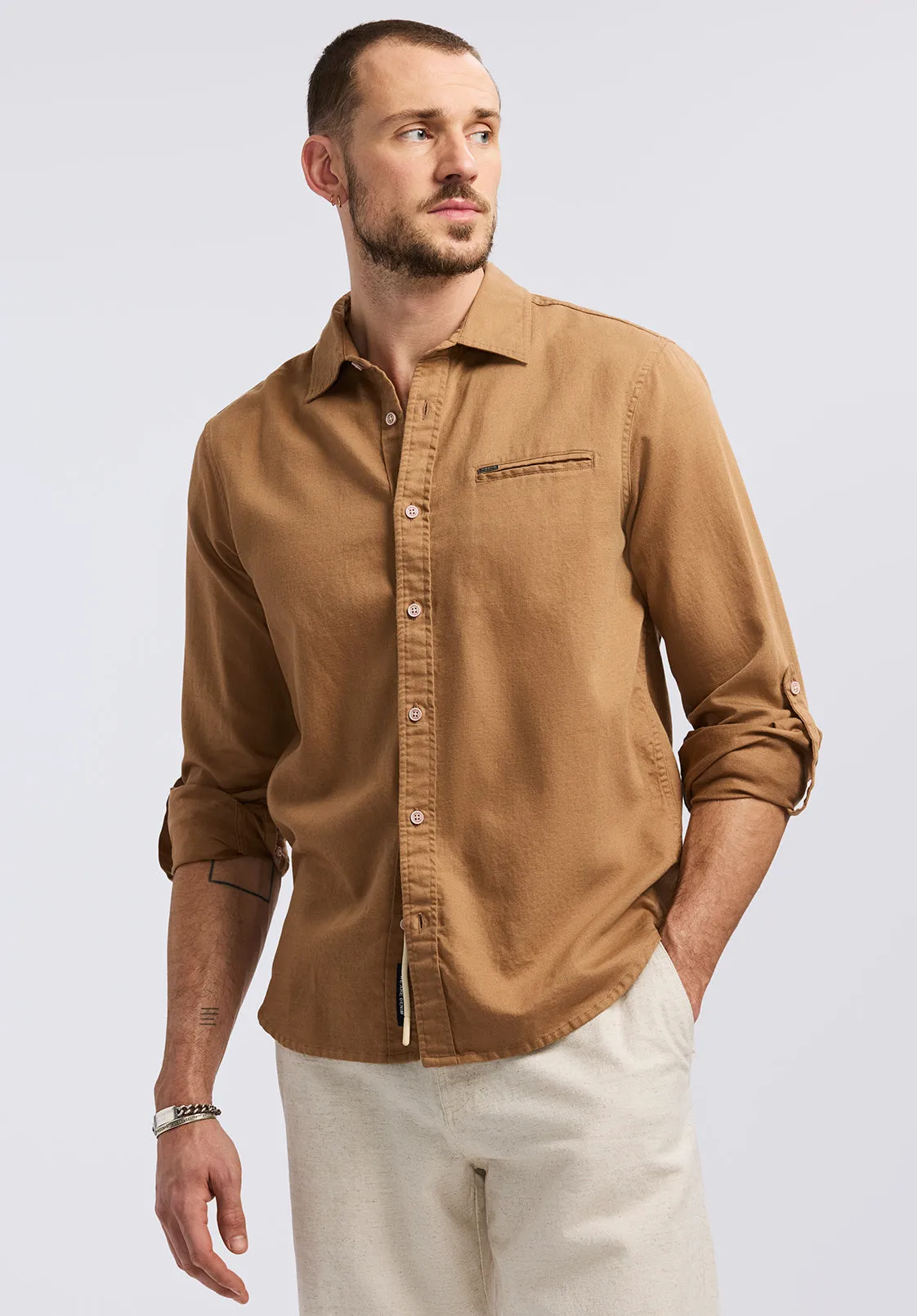 Simbio Men's Long-Sleeve Linen Blend Fitted Shirt, Woodsmoke - BM24617 sold by Buffalo David Bitton