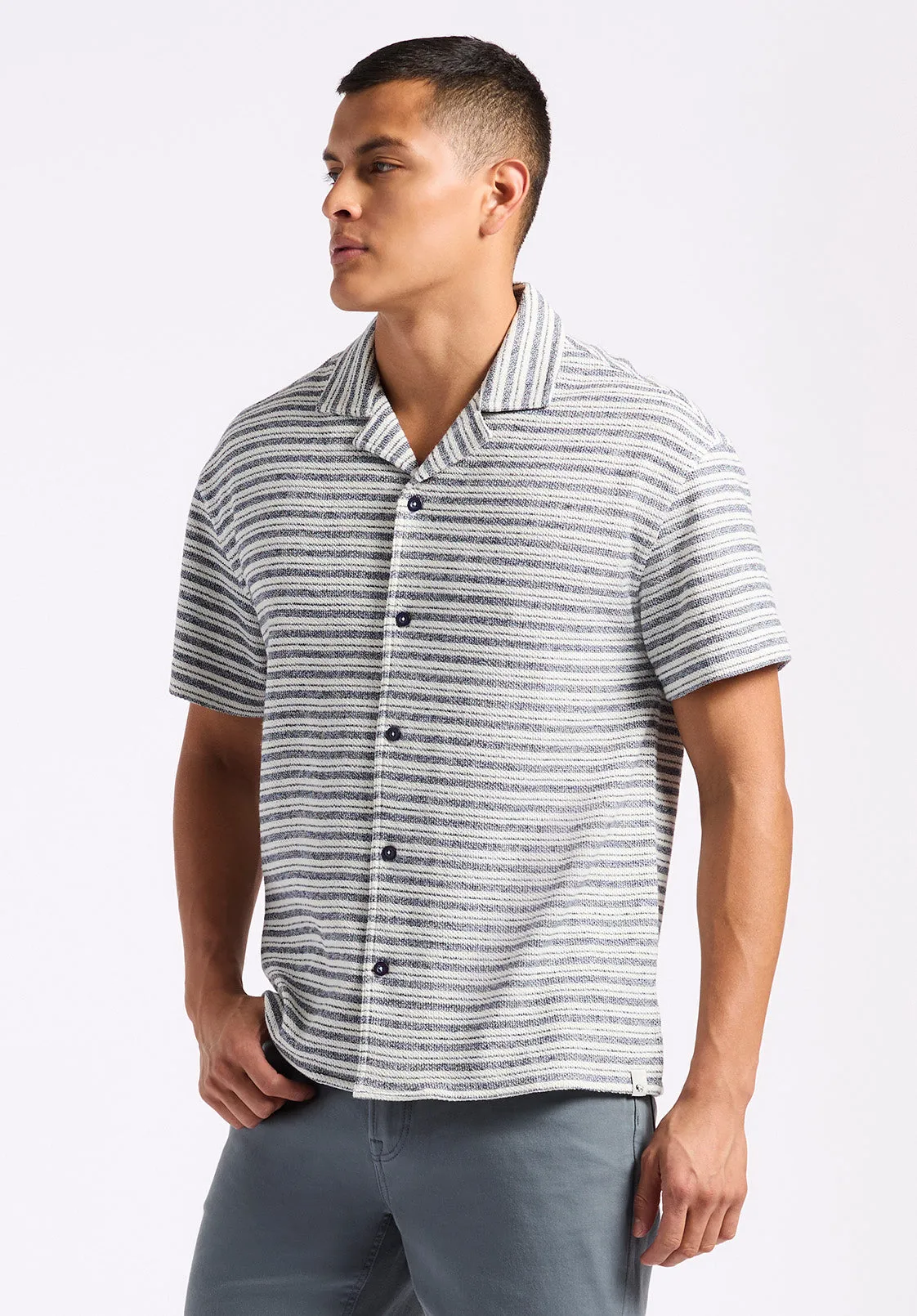 Koddy Men’s Short Sleeve Textured-Knit Striped Shirt, Midnight Blue - BM24599 sold by Buffalo David Bitton