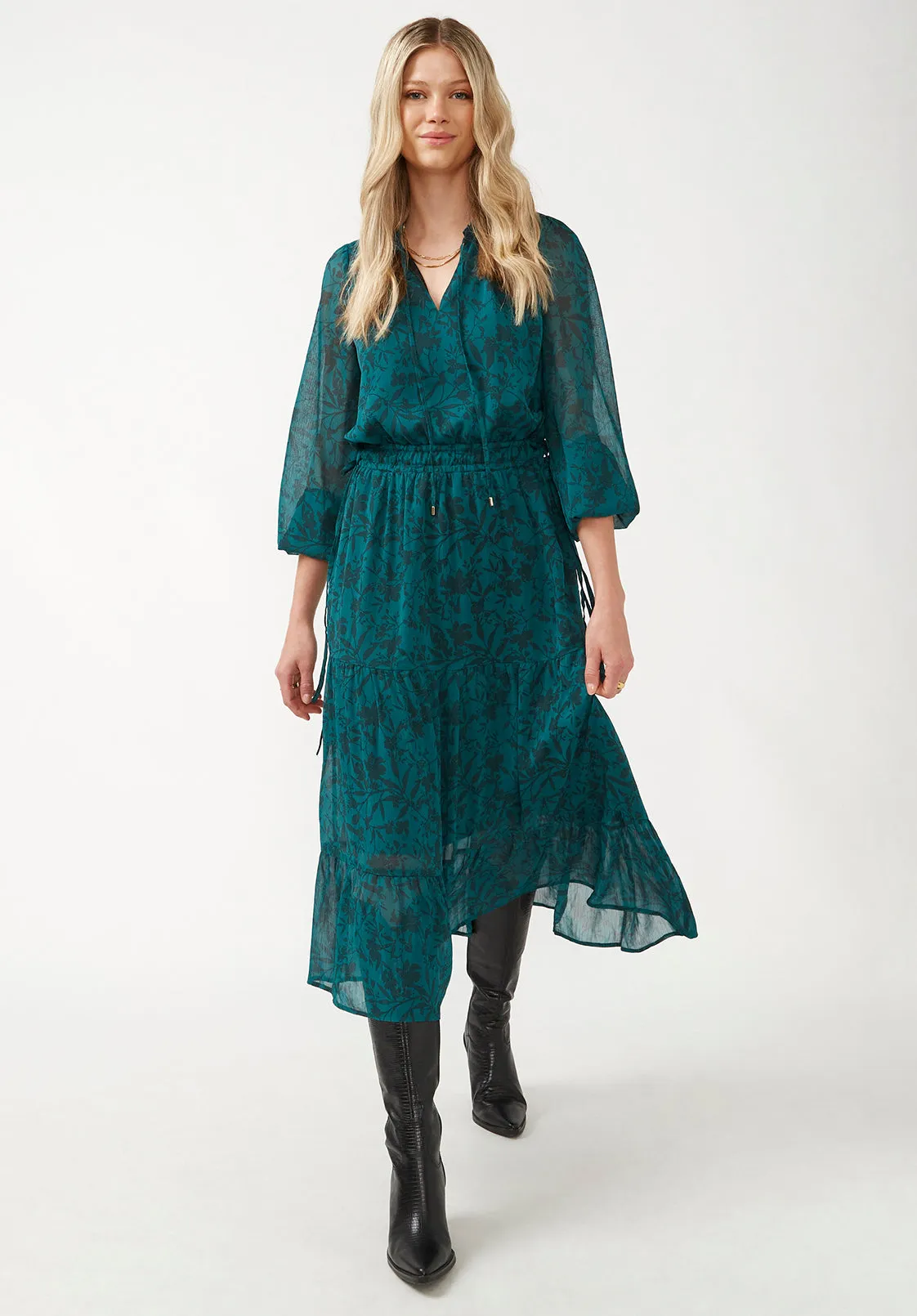Aviva Women's Tie Neck Midi Dress in Fall Floral Green - WD0016F sold by Buffalo David Bitton product image thumbnail 4
