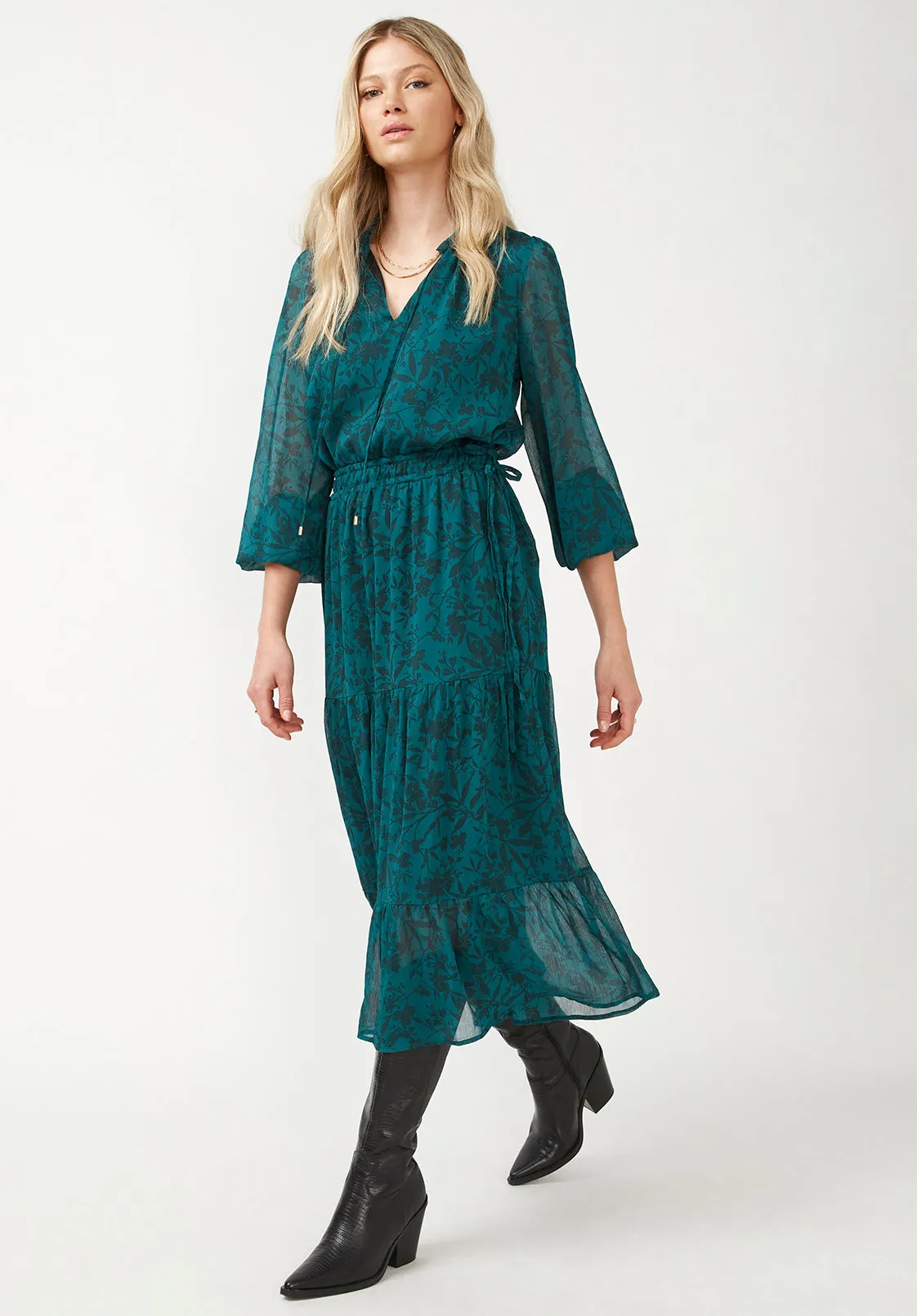 Aviva Women's Tie Neck Midi Dress in Fall Floral Green - WD0016F sold by Buffalo David Bitton product image thumbnail 5