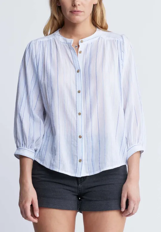 Ishara Women’s Balloon Sleeve Striped Blouse in White & Light Blue - WT0097P sold by Buffalo David Bitton