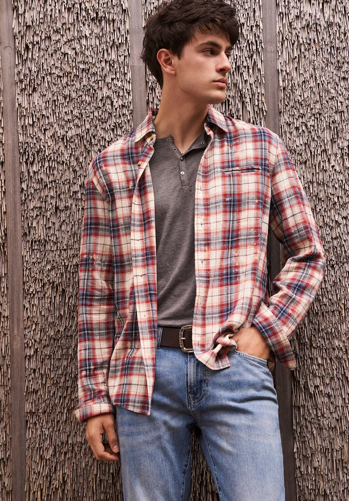 Simbio Men's Long-Sleeve Plaid Shirt, Beige, Blue & Red - BM24429 sold by Buffalo David Bitton product image thumbnail 2