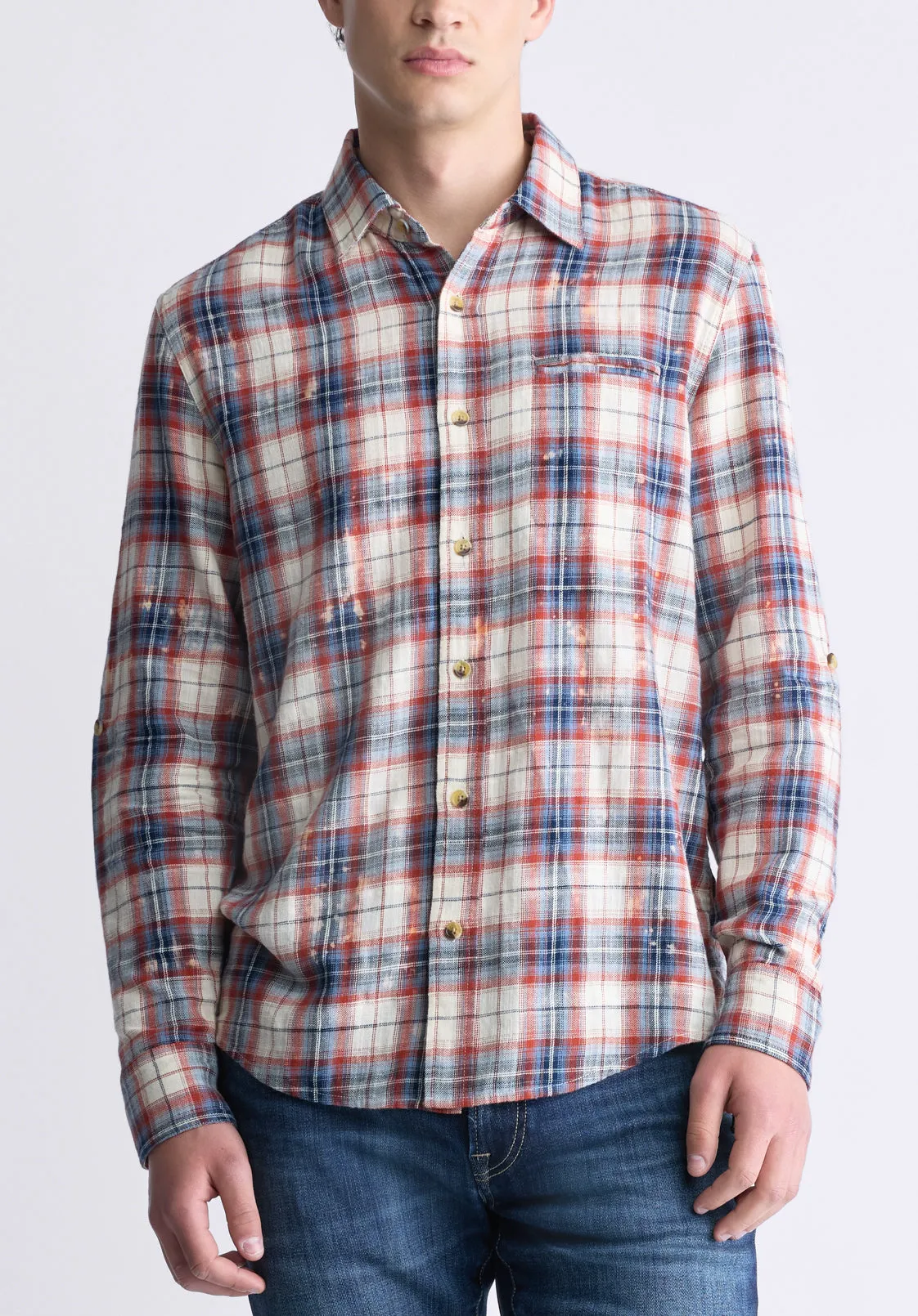 Simbio Men's Long-Sleeve Plaid Shirt, Beige, Blue & Red - BM24429 sold by Buffalo David Bitton