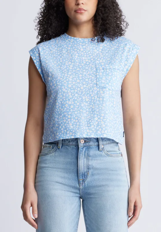 Amandine Women's Cap-Sleeve Crop Top, Blue with White Flowers - KT0148S sold by Buffalo David Bitton
