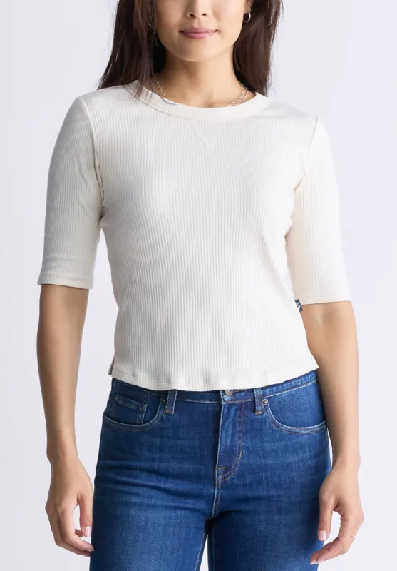 Tabbey Women's Elbow-Length Sleeve Ribbed Top, White - KT0166F sold by Buffalo David Bitton
