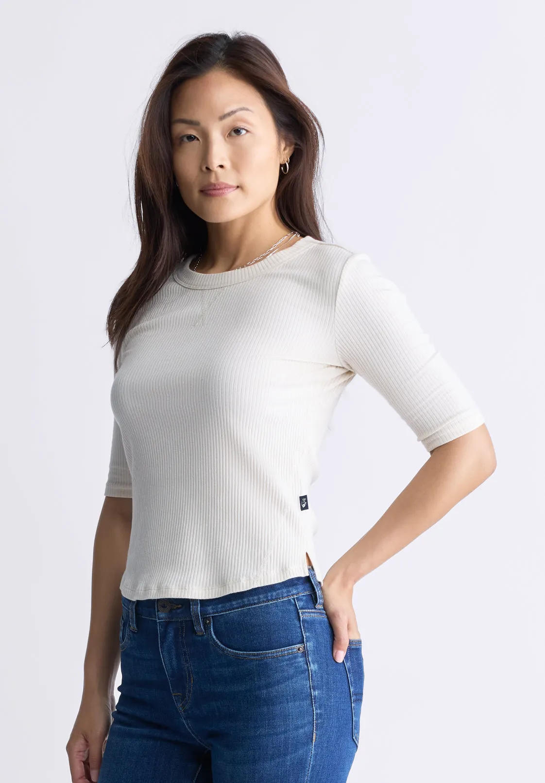 Tabbey Women's Elbow-Length Sleeve Ribbed Top, White - KT0166F sold by Buffalo David Bitton product image thumbnail 3