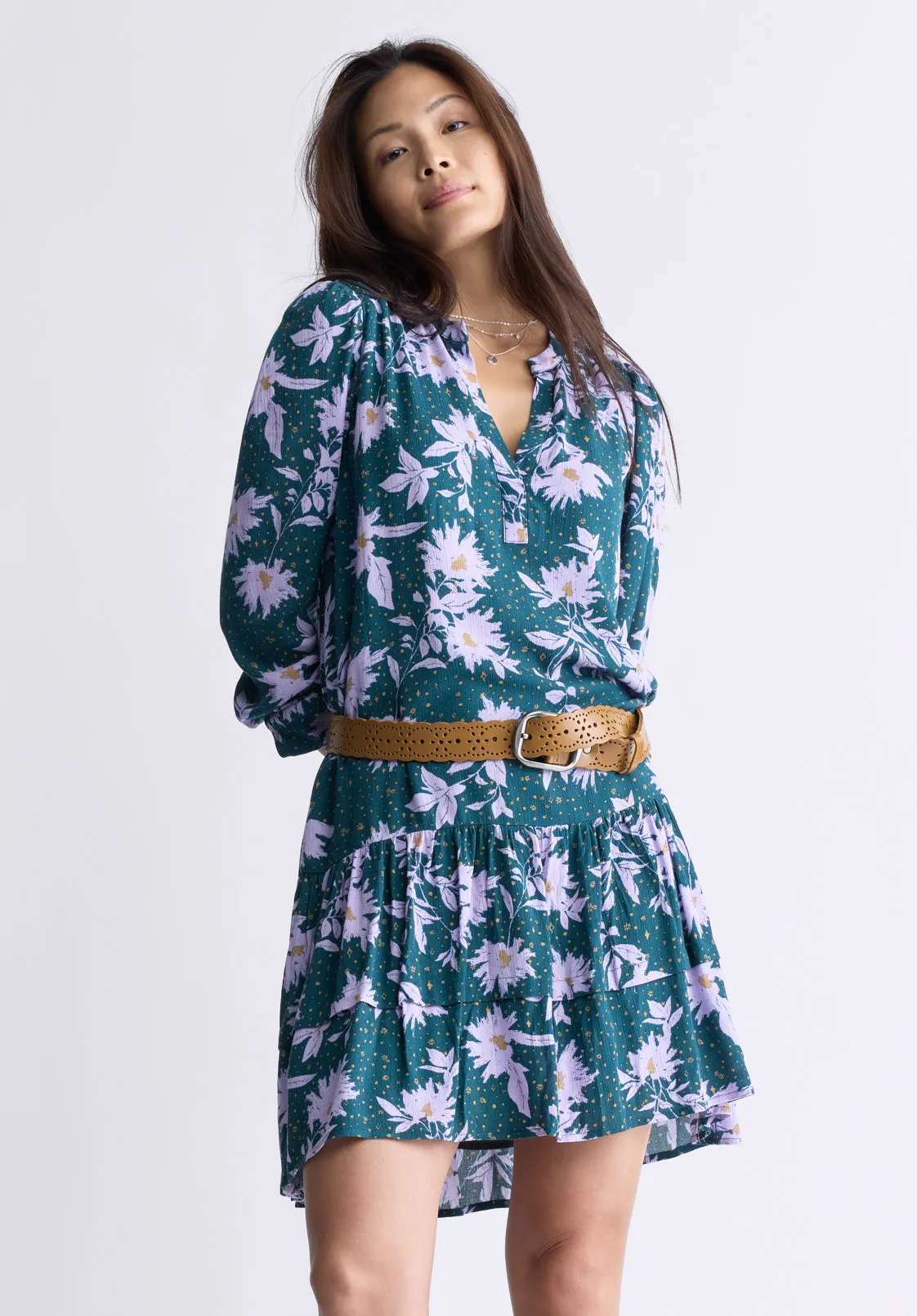 Dovie Women's Floral-Print Long-Sleeve Tiered Short Dress, Green & Purple - WD0057F sold by Buffalo David Bitton product image thumbnail 2