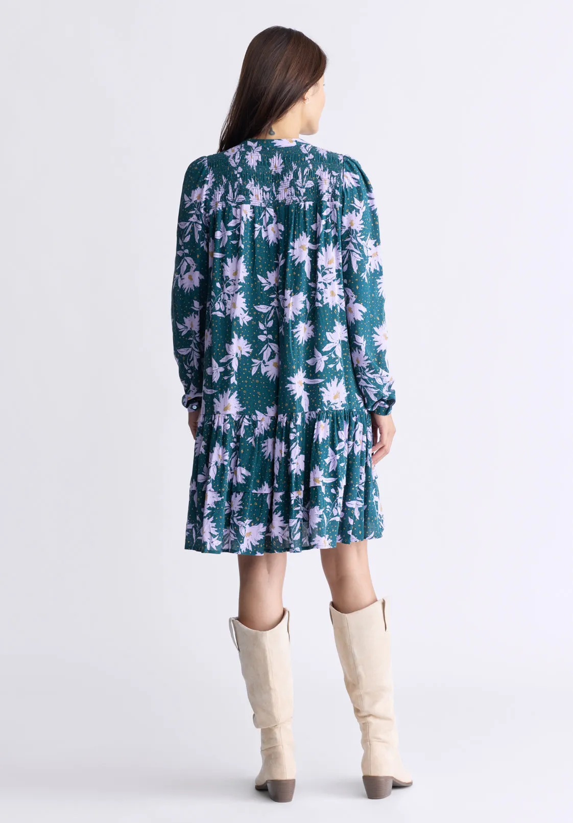 Dovie Women's Floral-Print Long-Sleeve Tiered Short Dress, Green & Purple - WD0057F sold by Buffalo David Bitton product image thumbnail 4