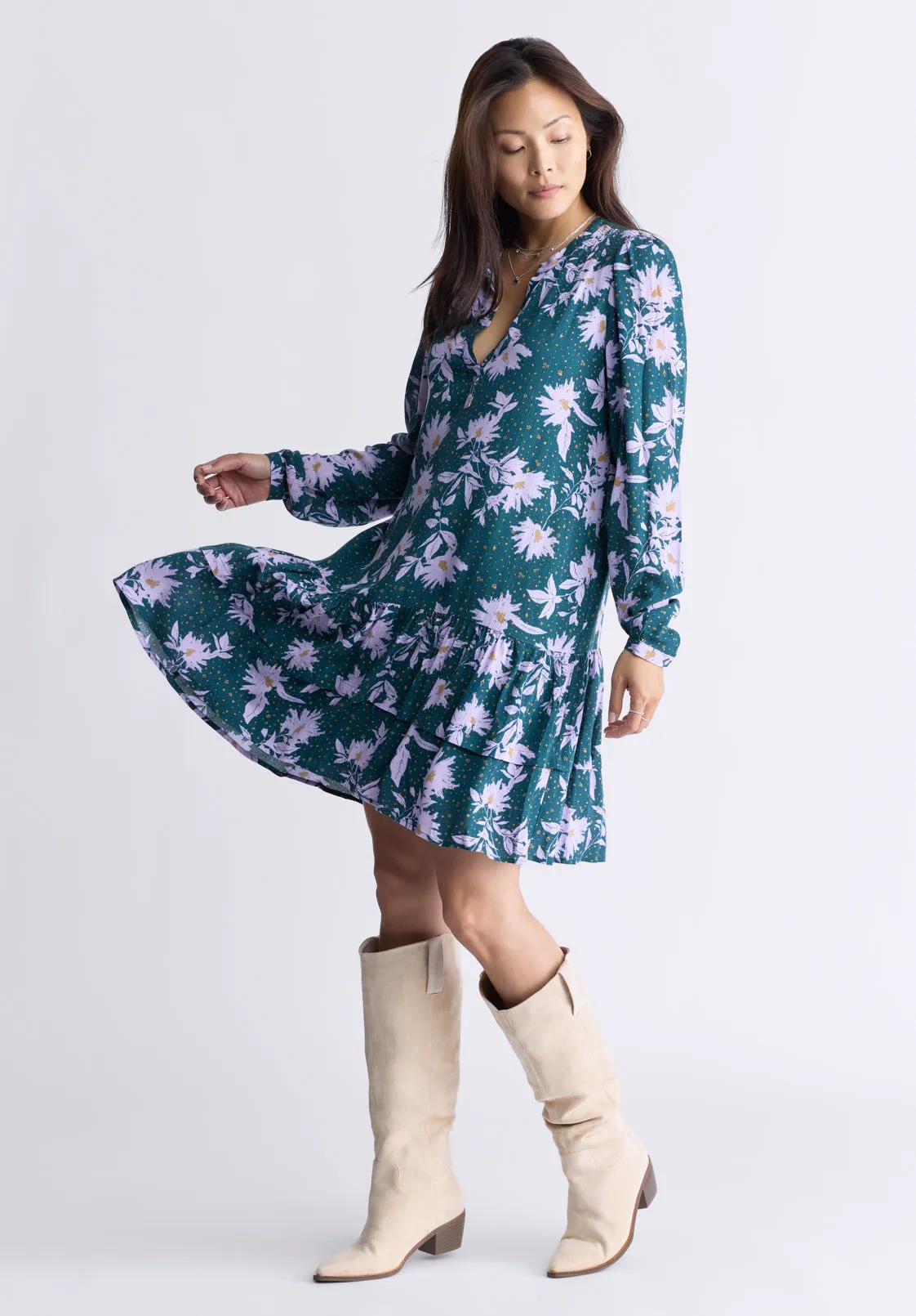 Dovie Women's Floral-Print Long-Sleeve Tiered Short Dress, Green & Purple - WD0057F sold by Buffalo David Bitton product image thumbnail 5