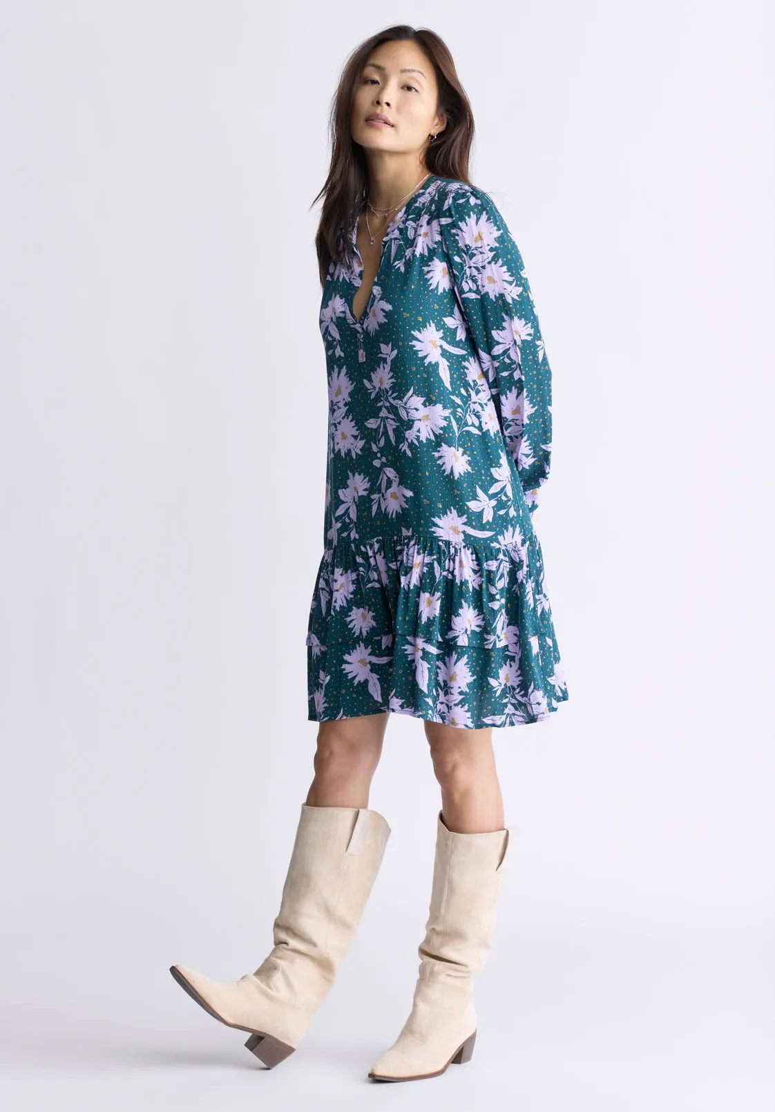 Dovie Women's Floral-Print Long-Sleeve Tiered Short Dress, Green & Purple - WD0057F sold by Buffalo David Bitton product image thumbnail 3