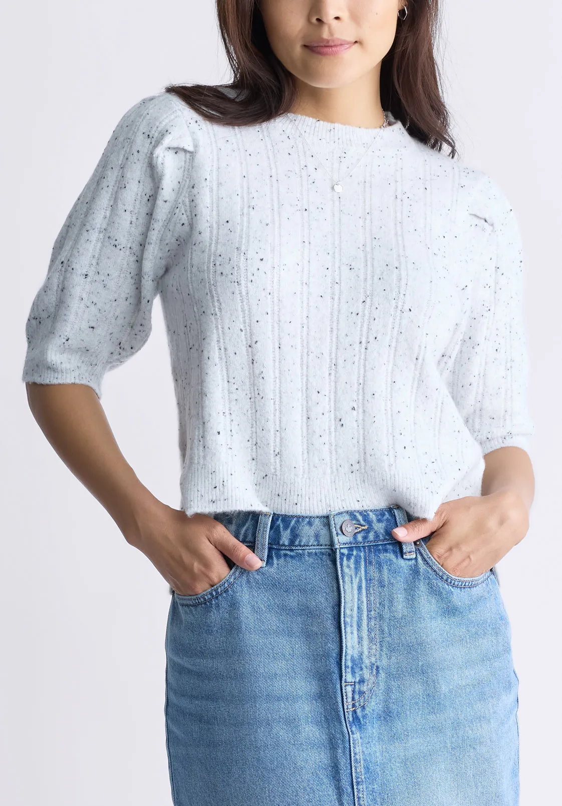 Jaxie Women's Elbow-Length Puff-Sleeve Pointelle-Knit Sweater, Cream Fleck - SW0076F sold by Buffalo David Bitton