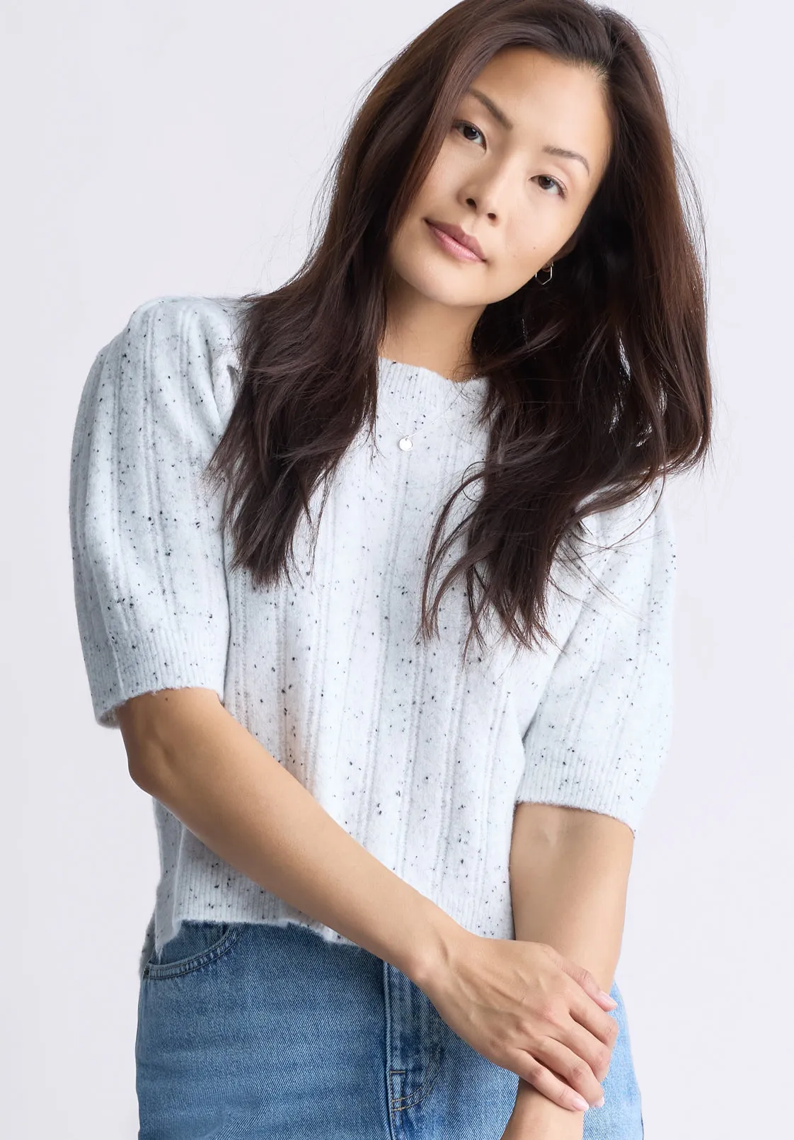 Jaxie Women's Elbow-Length Puff-Sleeve Pointelle-Knit Sweater, Cream Fleck - SW0076F sold by Buffalo David Bitton product image thumbnail 3