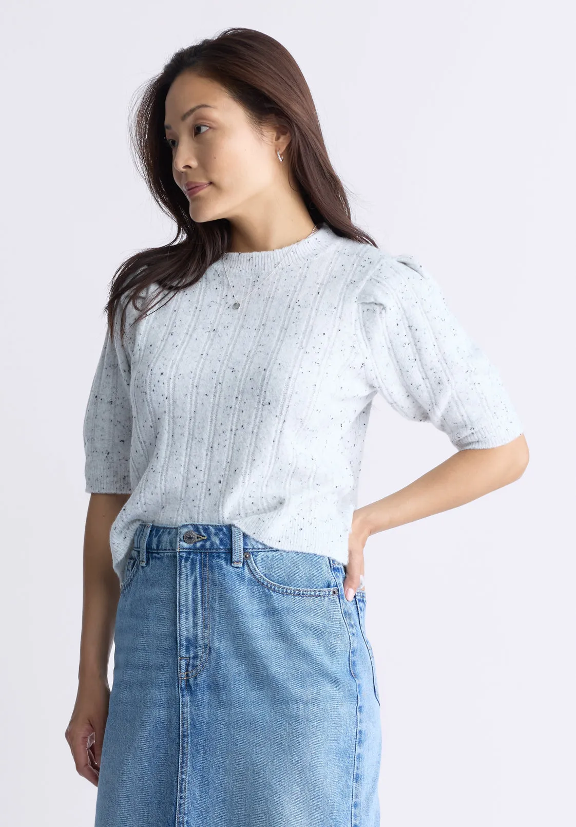 Jaxie Women's Elbow-Length Puff-Sleeve Pointelle-Knit Sweater, Cream Fleck - SW0076F sold by Buffalo David Bitton product image thumbnail 4
