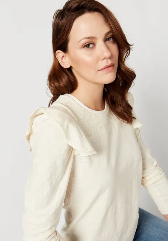 Violet Cream Ruffle Shoulder Knit Top - KT0251F sold by Buffalo David Bitton