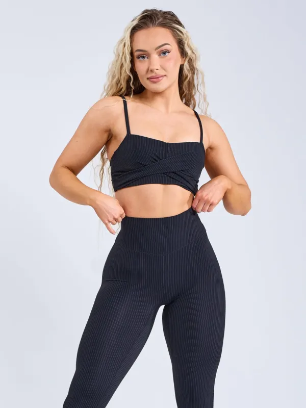 Ivy Wrap Sports Bra - Black Pinstripe sold by BuffBunny