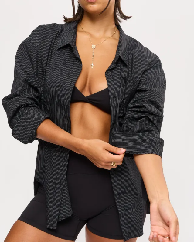 Boyfriend Button Up Shirt - Black Pinstripe sold by BuffBunny