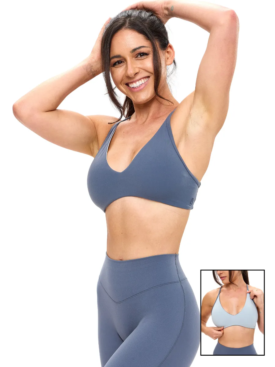Girlfriend Reversible Sports Bra - Barista Blue and Moody Blue sold by BuffBunny
