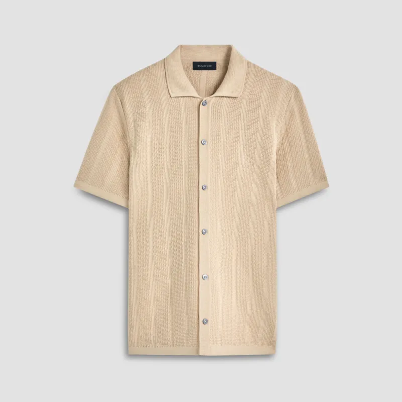 Waffle Rib Full Button Short Sleeve Polo Sweater sold by Bugatchi