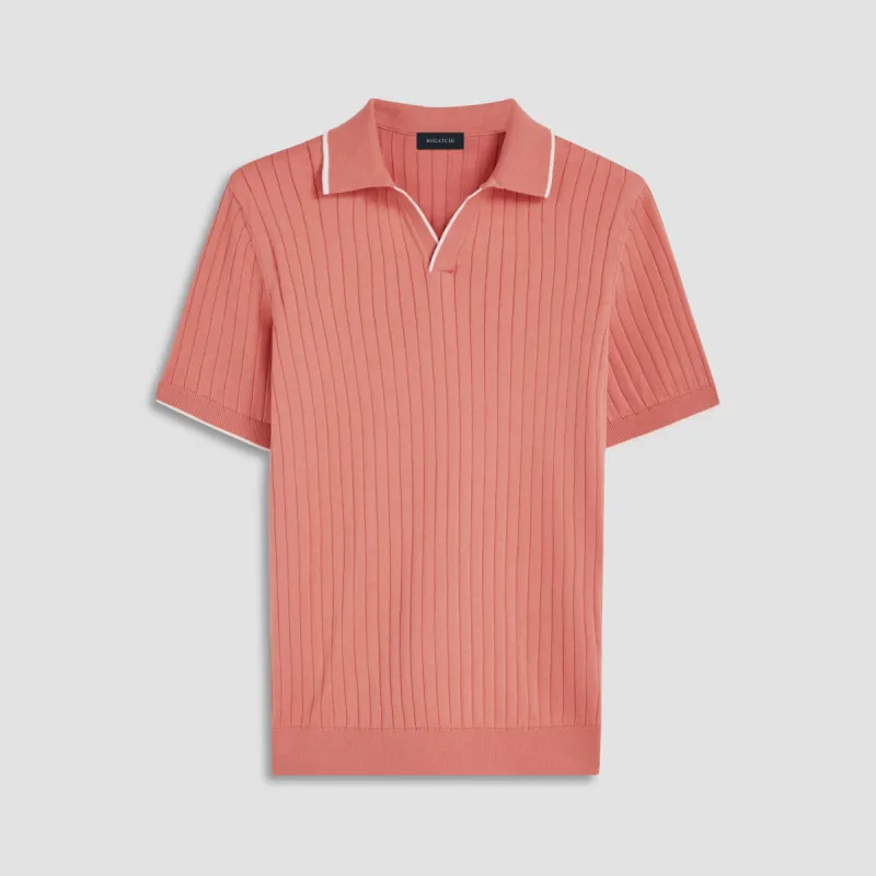 Rib Knit Short Sleeve Johnny Collar Sweater sold by Bugatchi