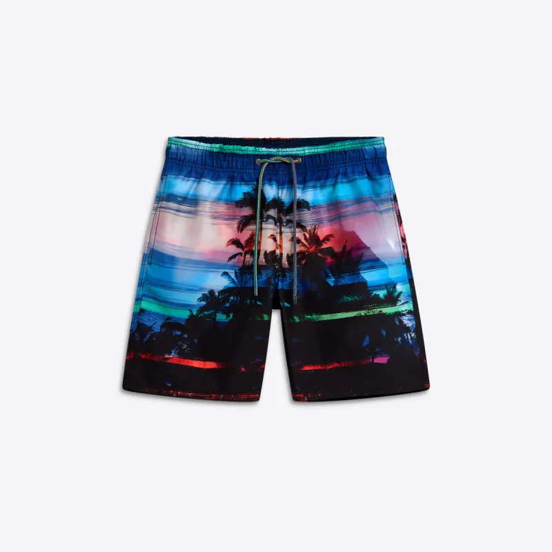 DELANO Tropical Sunset Print Swim Trunks sold by Bugatchi