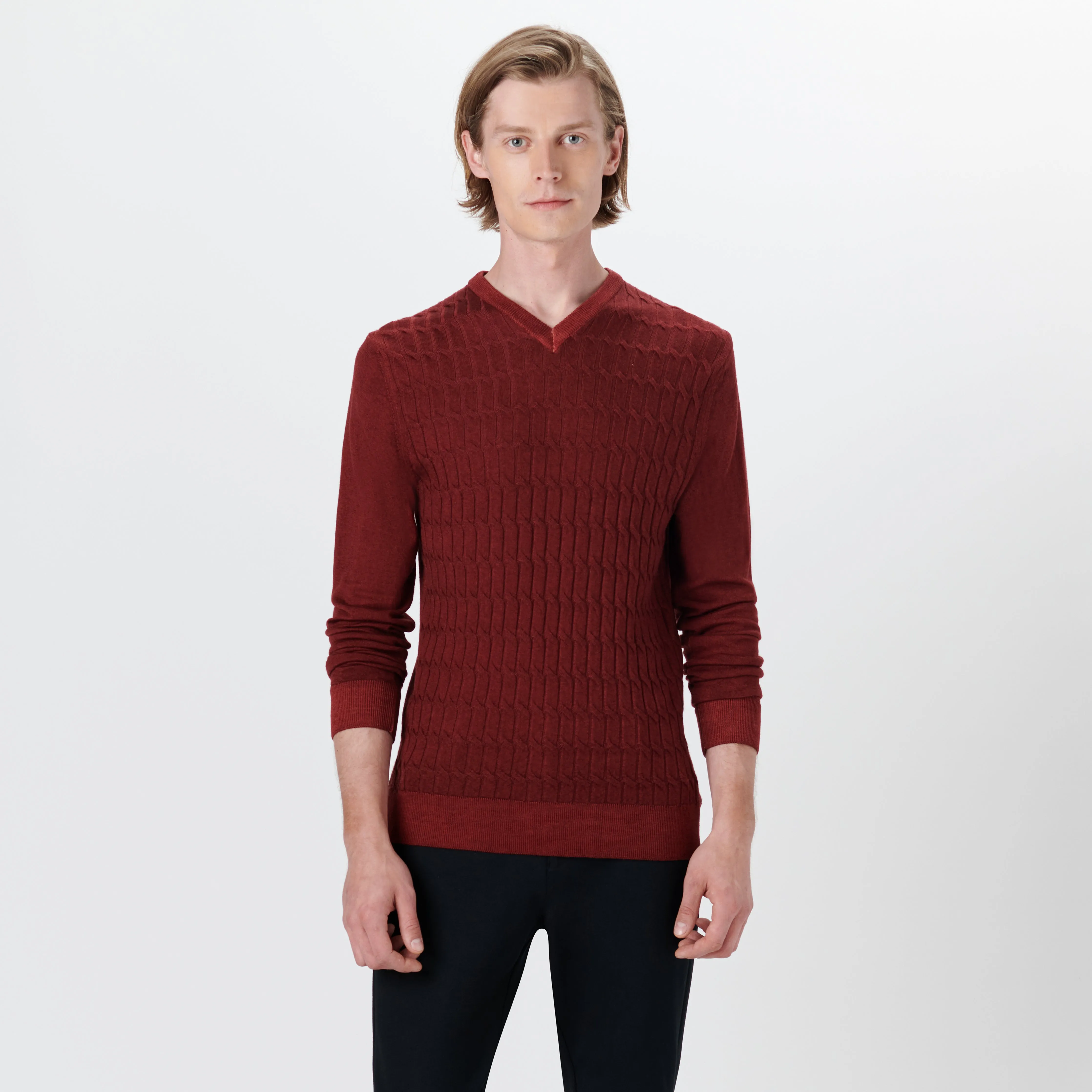 Super Merino V-Neck Cable Sweater sold by Bugatchi product image thumbnail 2