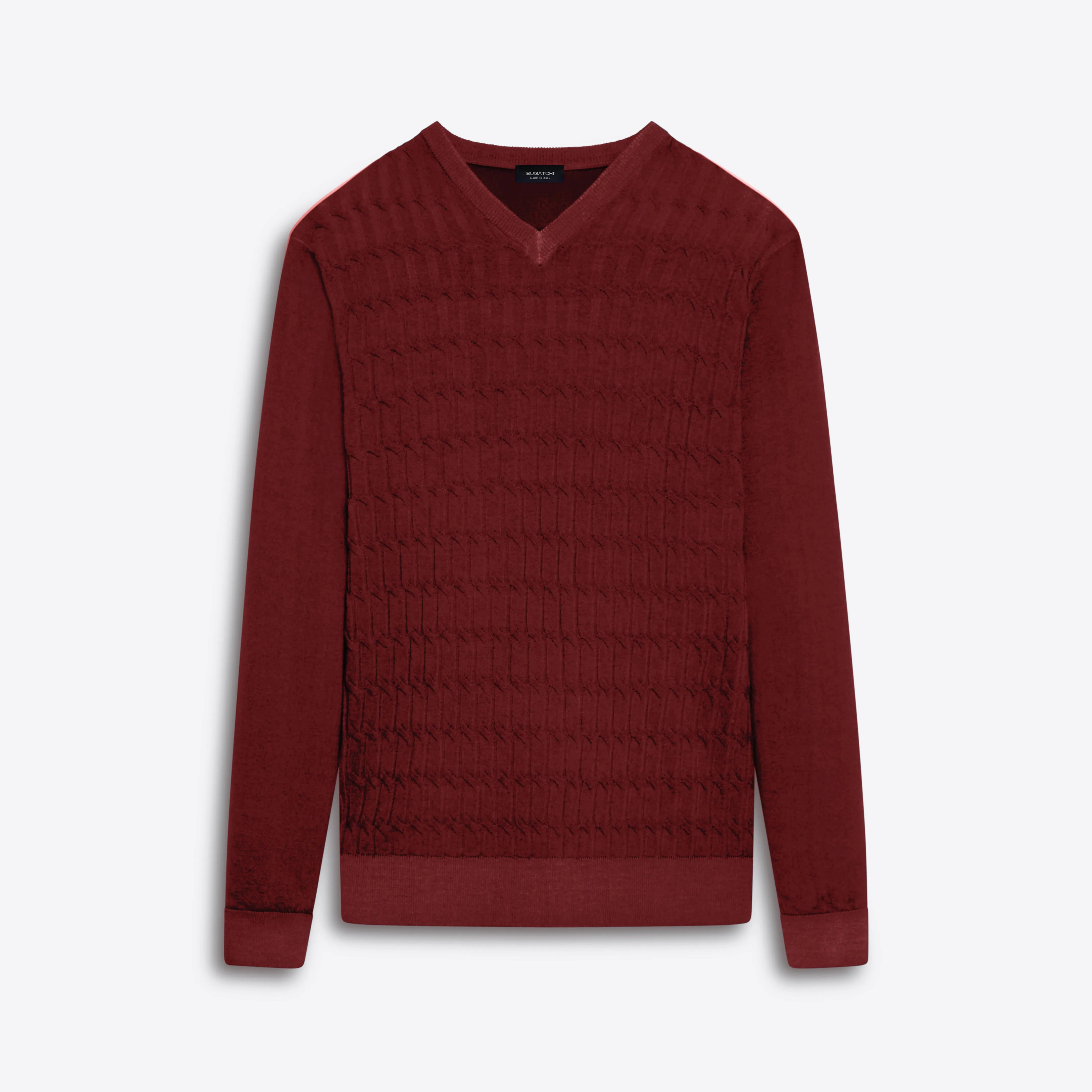Super Merino V-Neck Cable Sweater sold by Bugatchi