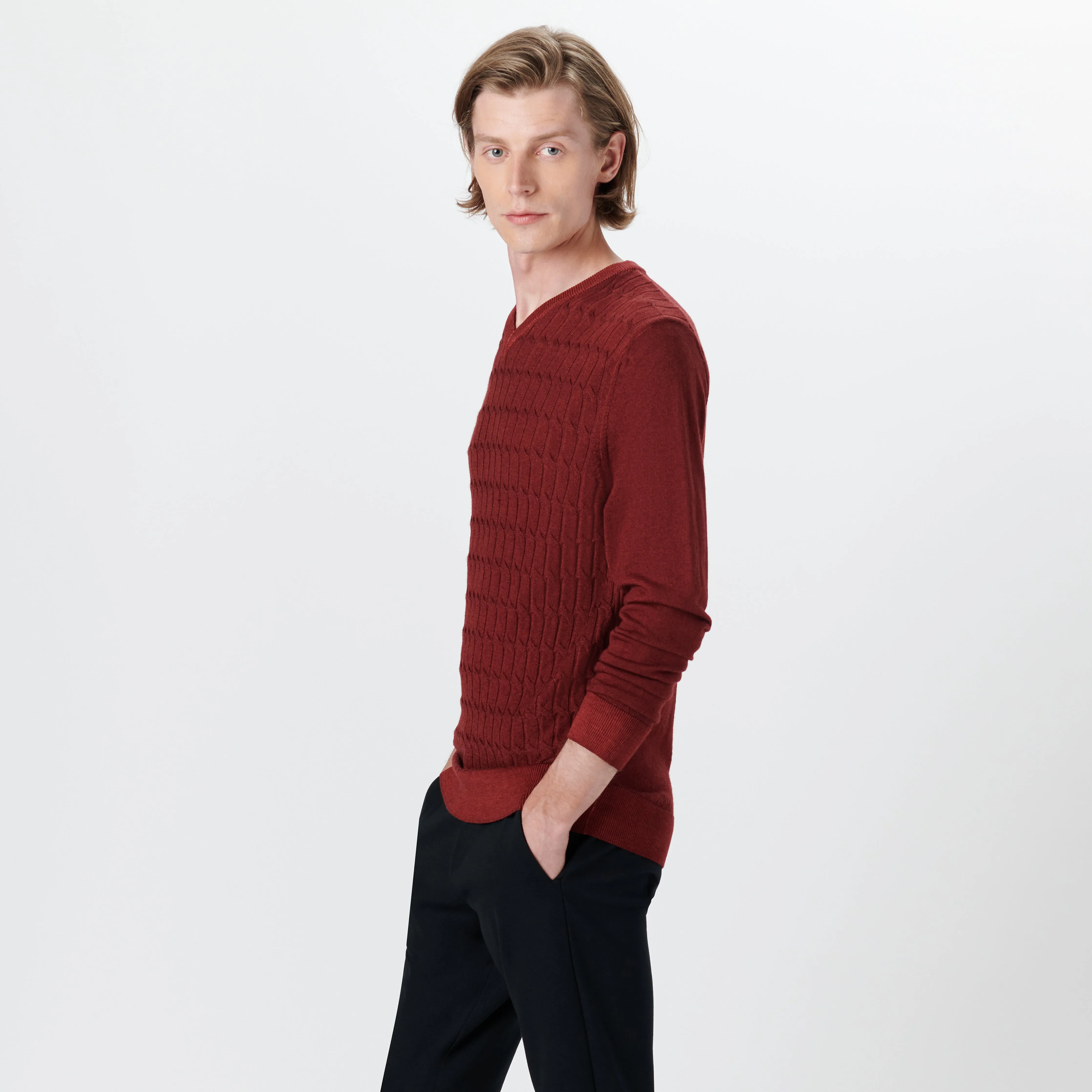 Super Merino V-Neck Cable Sweater sold by Bugatchi product image thumbnail 3
