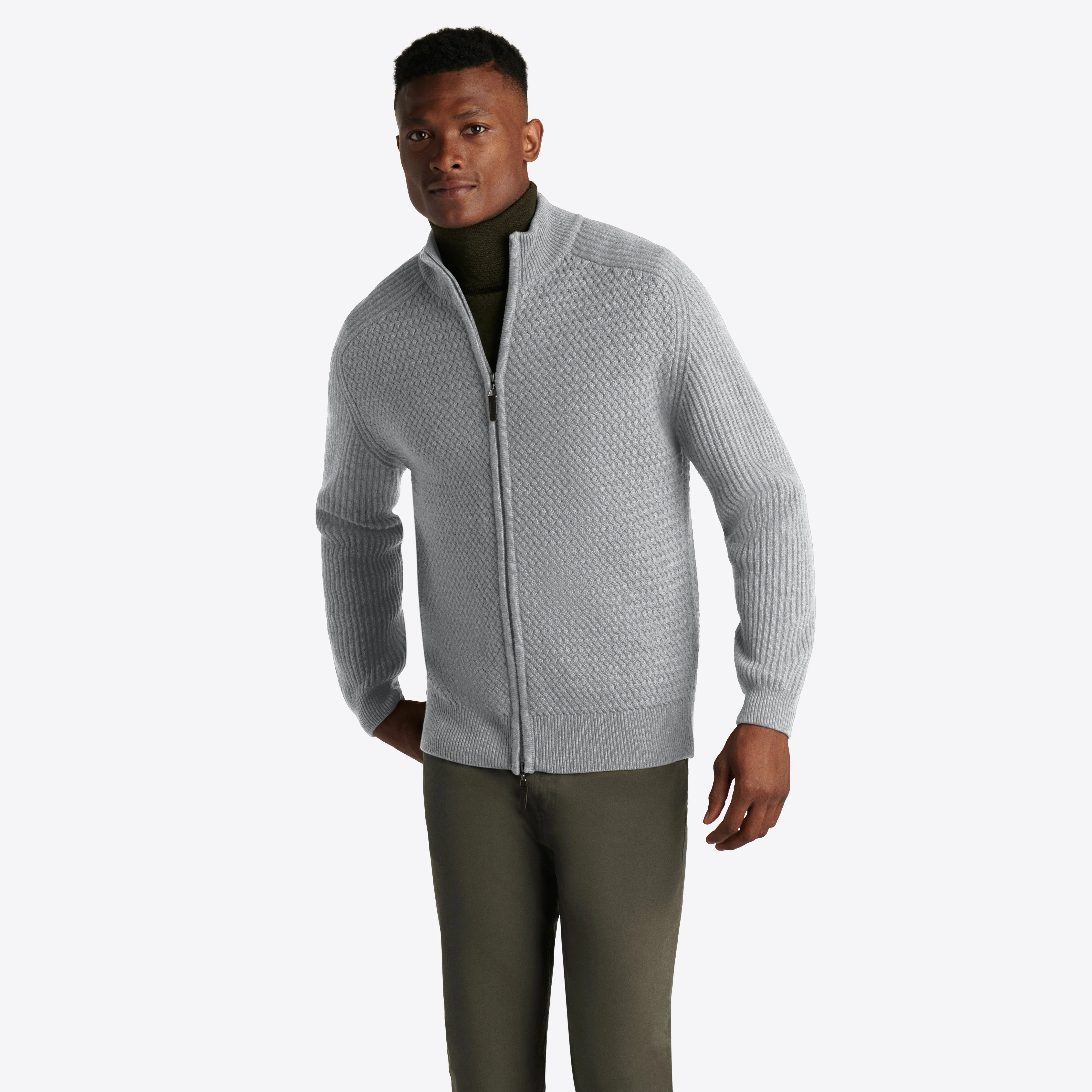 Basketweave Knit Full Zip Mock Neck Sweater sold by Bugatchi product image thumbnail 3