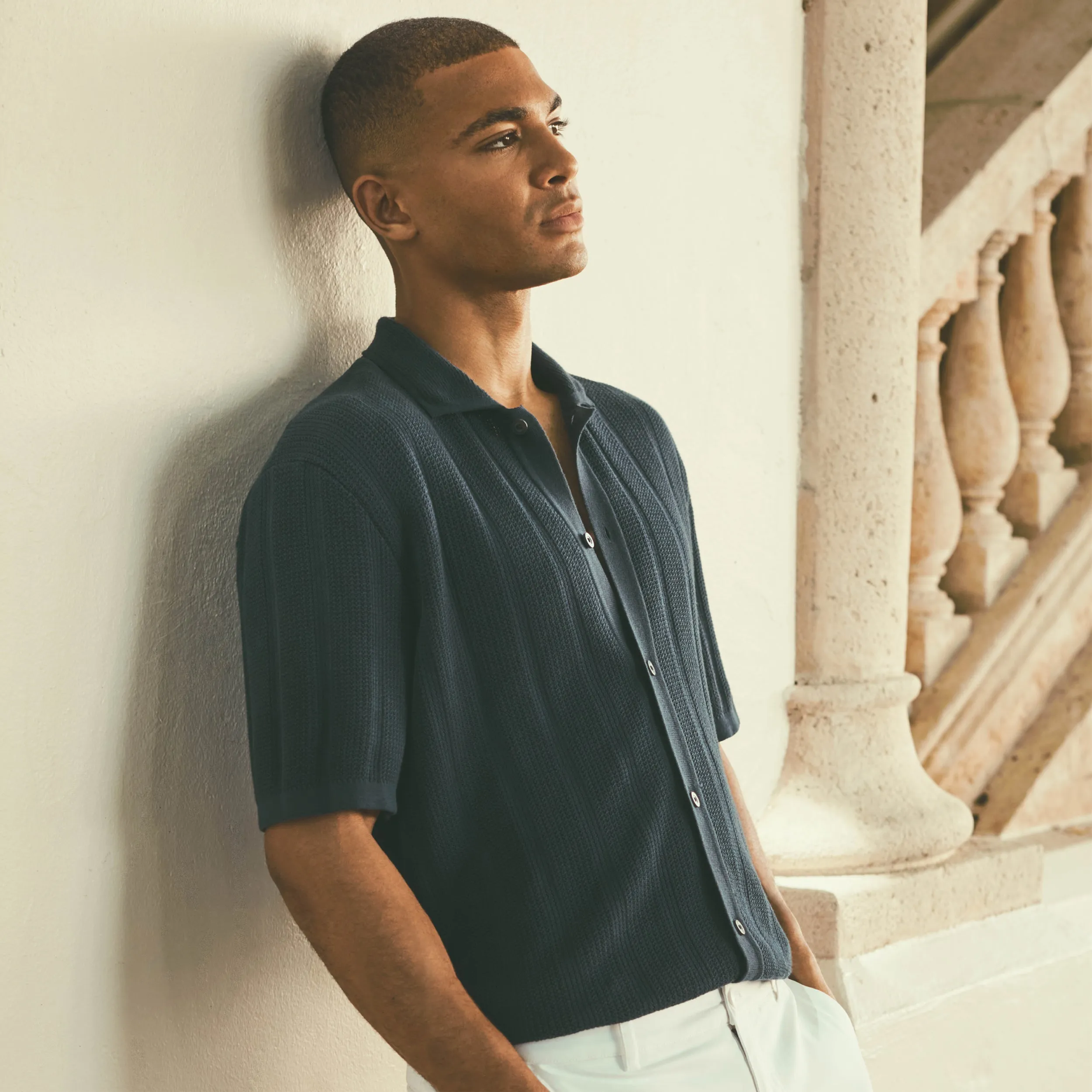 Waffle Rib Full Button Short Sleeve Polo Sweater sold by Bugatchi