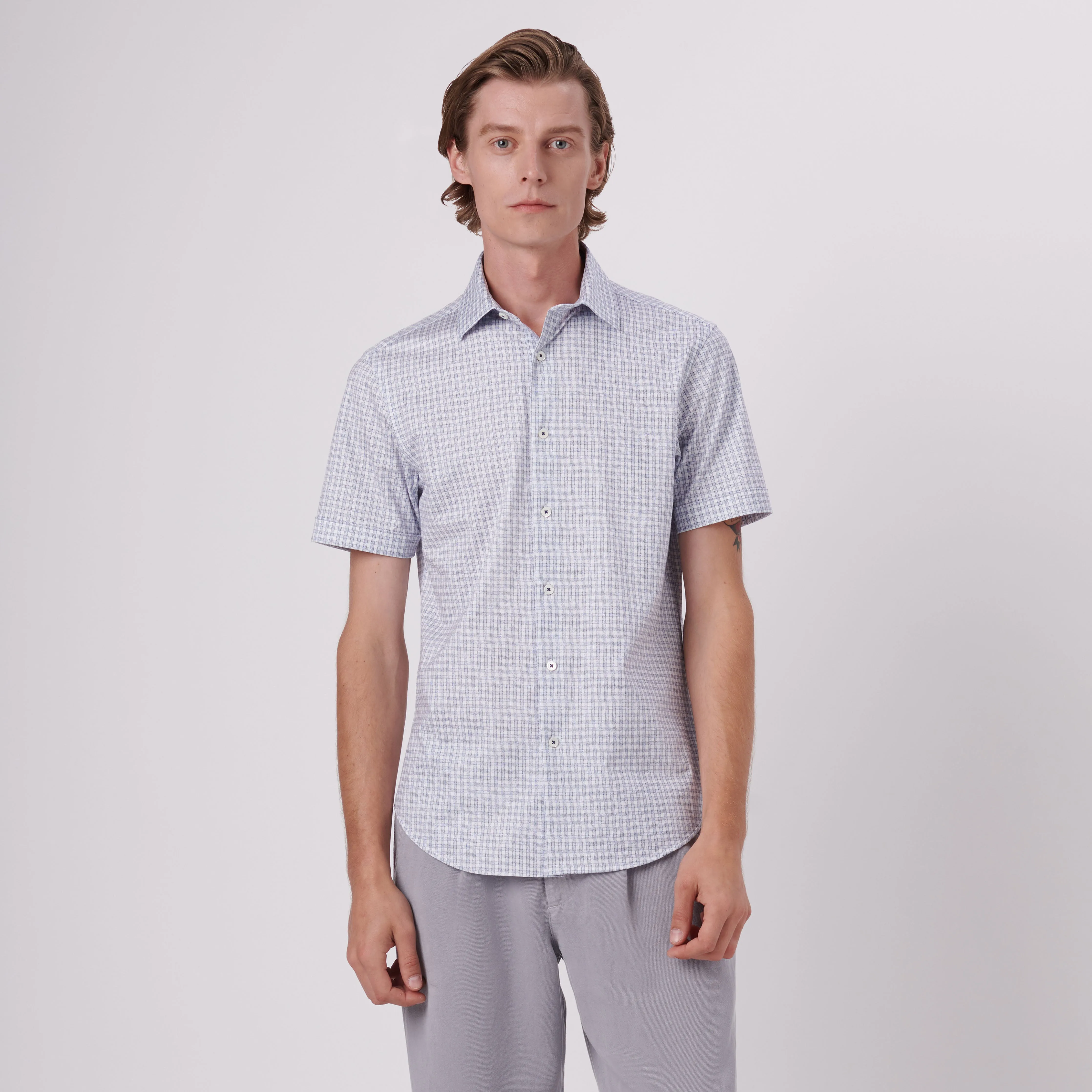 Miles Mini Check Print OoohCotton Short Sleeve Shirt sold by Bugatchi product image thumbnail 2