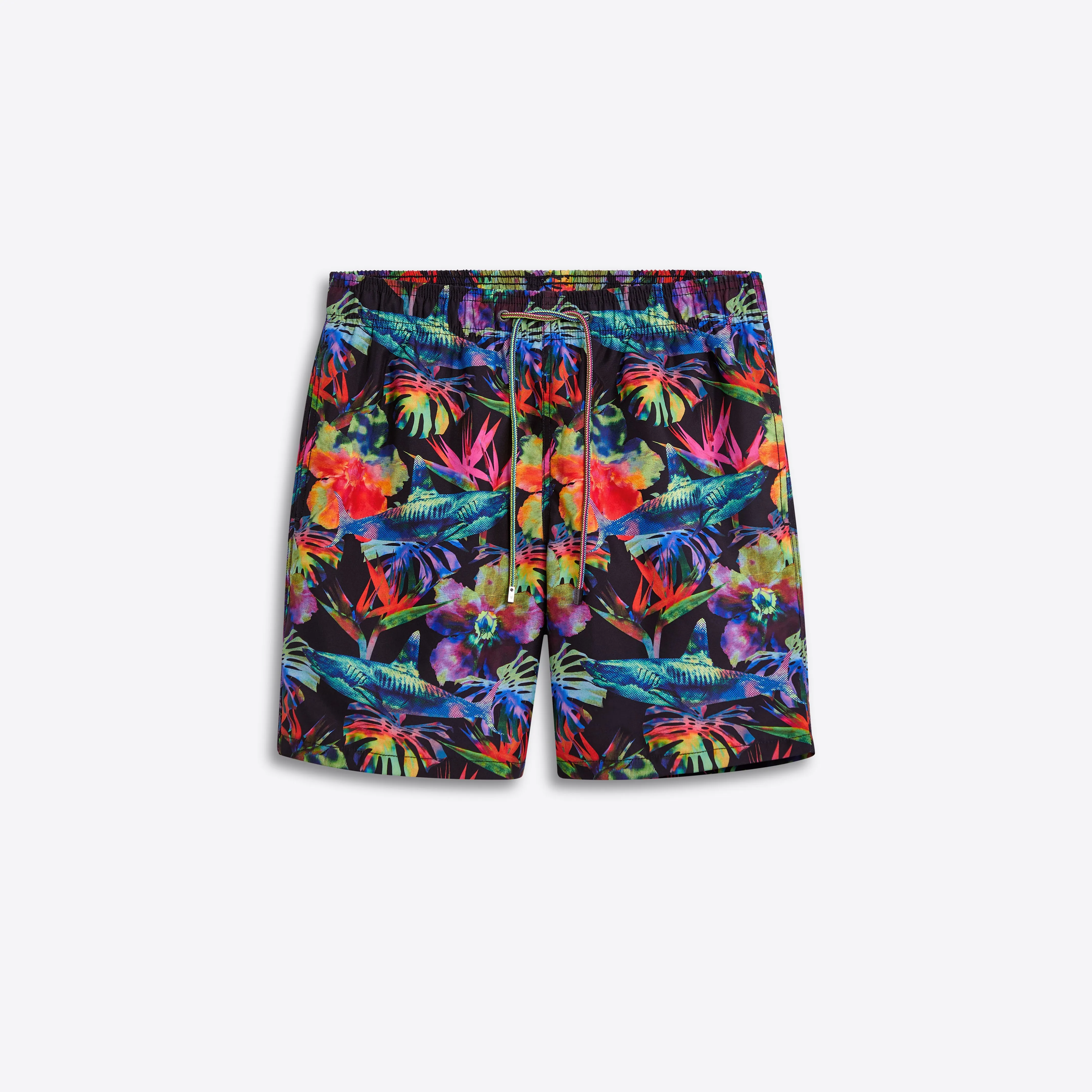 DELANO Tropical Shark Print Swim Trunks sold by Bugatchi