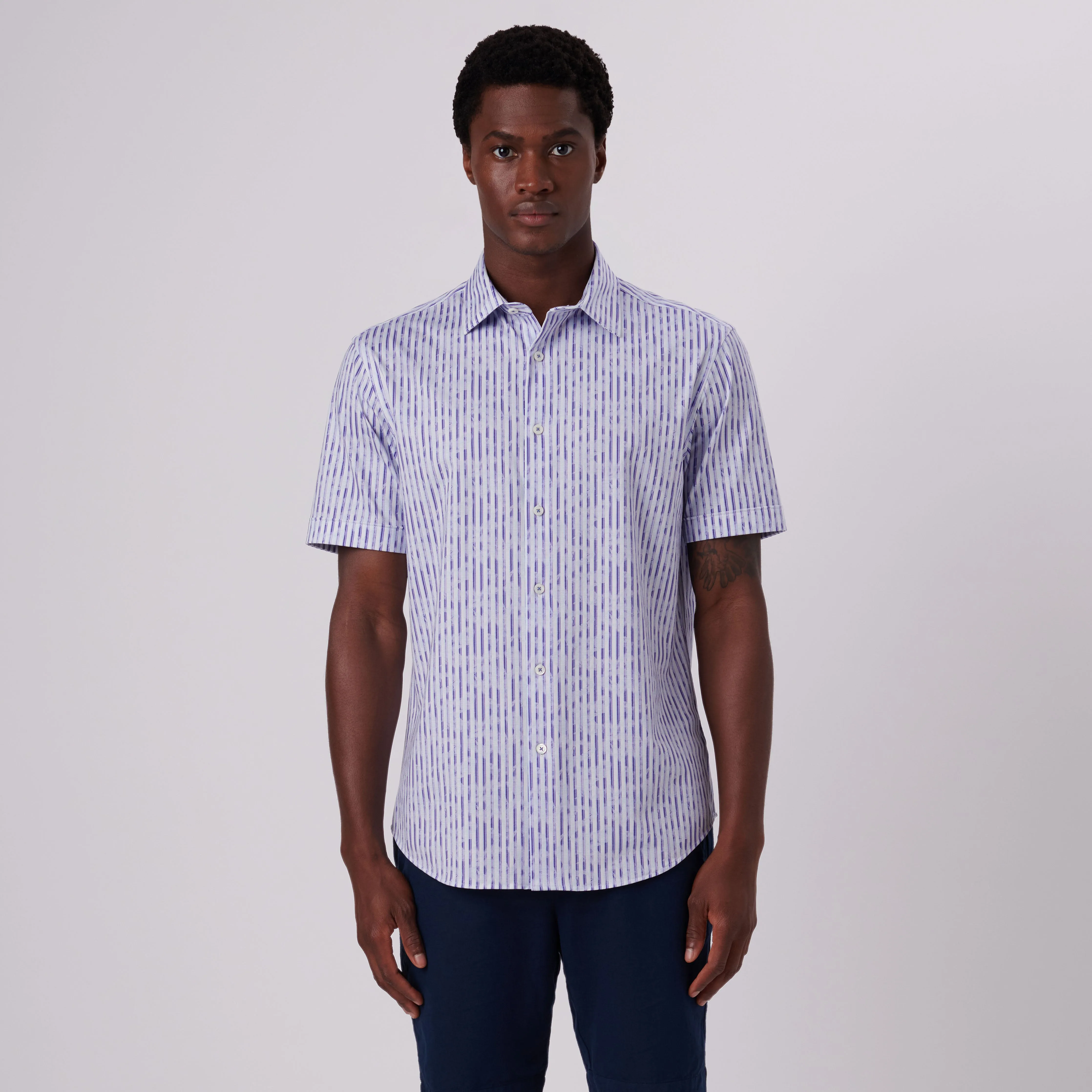 Miles Interrupted Stripe Print OoohCotton Short Sleeve Shirt sold by Bugatchi product image thumbnail 2
