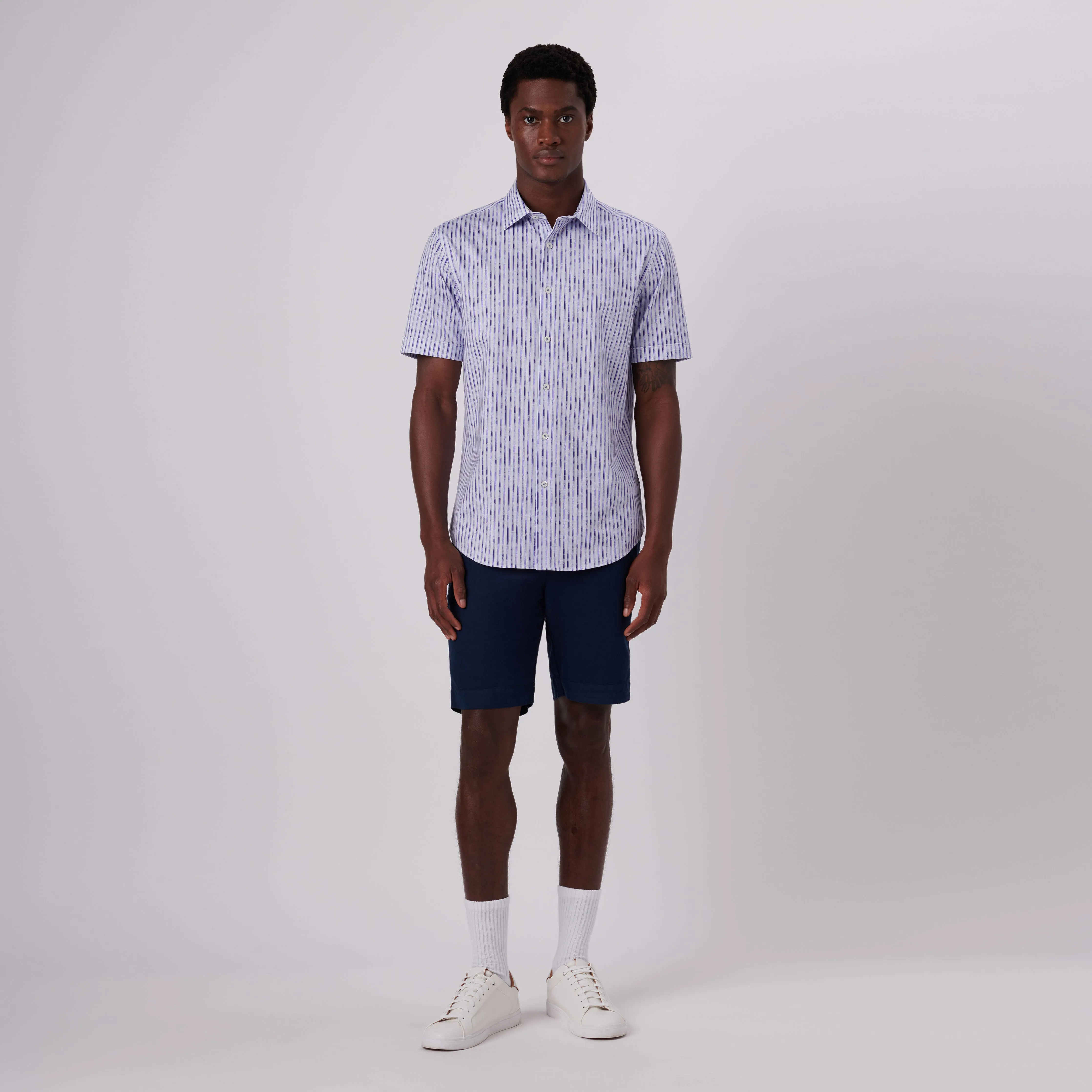 Miles Interrupted Stripe Print OoohCotton Short Sleeve Shirt sold by Bugatchi product image thumbnail 5