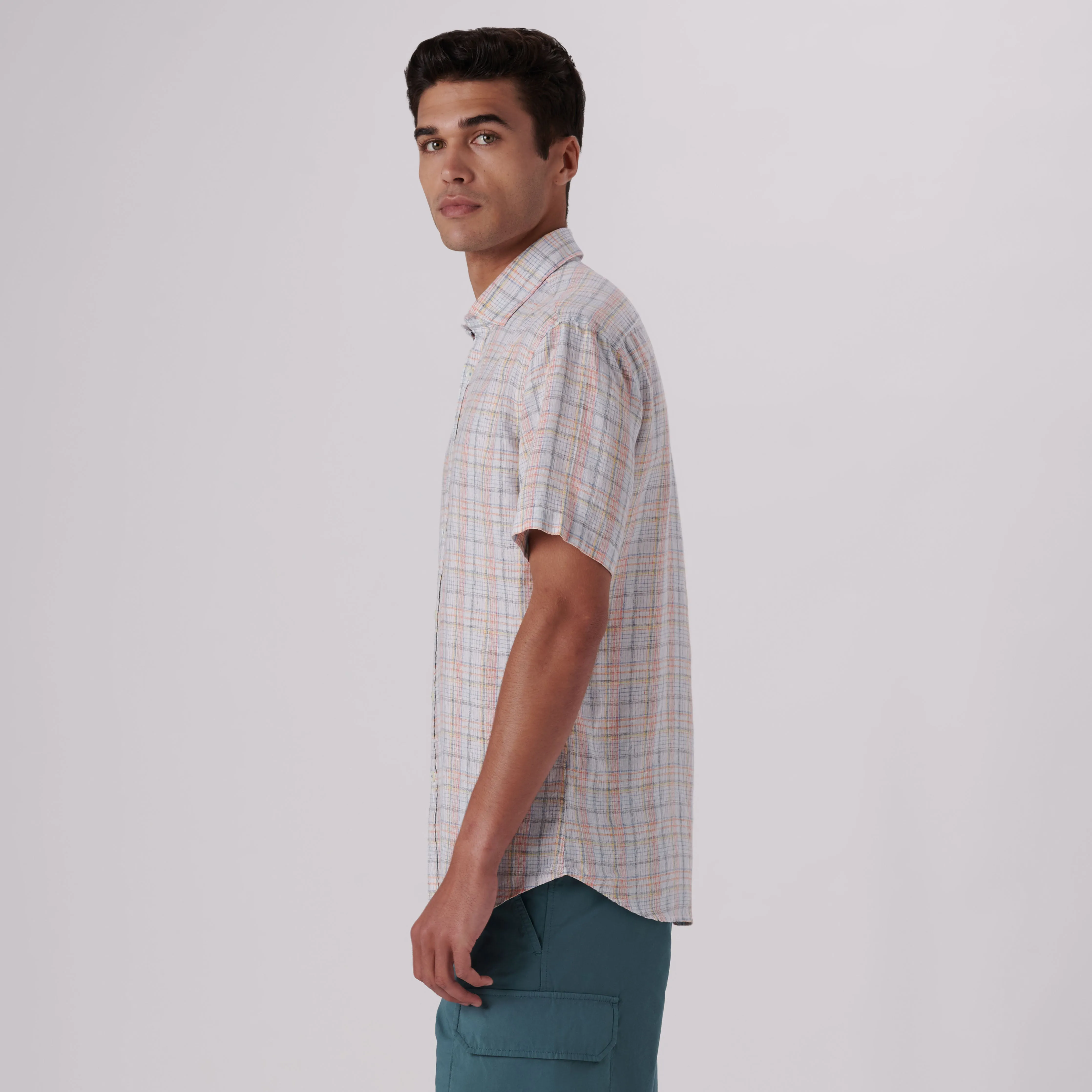 Orson Multi Check Short Sleeve Linen Shirt sold by Bugatchi product image thumbnail 3