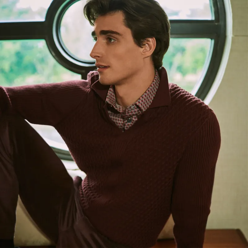 Mixed Stitch Johnny Collar Sweater sold by Bugatchi