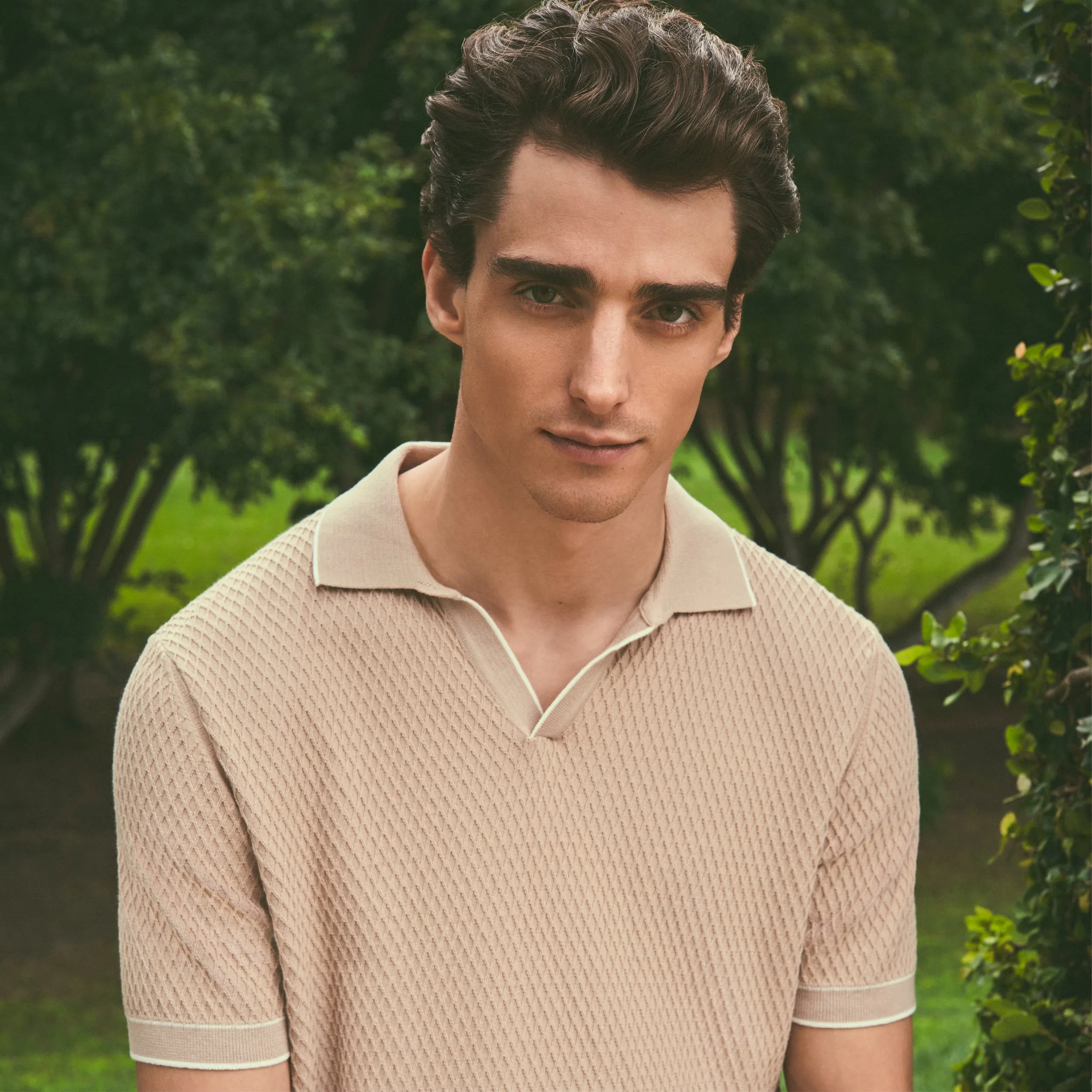 Honeycomb Stitch Short-Sleeved Johnny Collar Sweater sold by Bugatchi